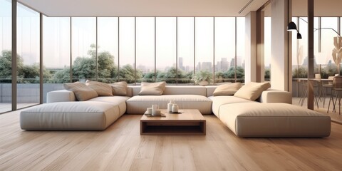 Spacious and elegant living room with large corner sofa, wooden floor, and panoramic windows.
