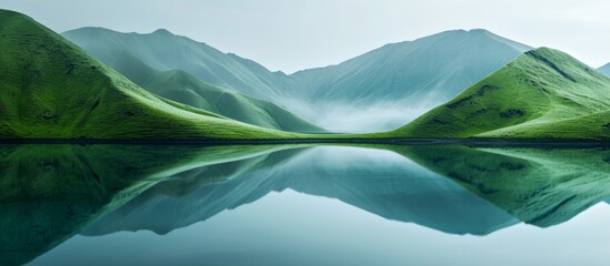Serene lake mirrors the outline of mossy hills. - obrazy, fototapety, plakaty