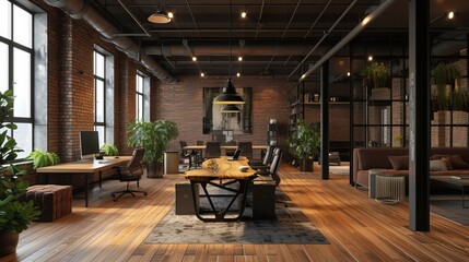 Loft-style modern office decor with an industrial feel - obrazy, fototapety, plakaty