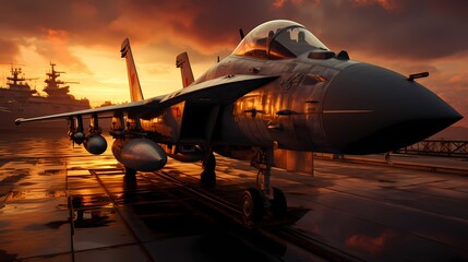 Fighter jet taking off from an aircraft carrier at sunrise, with a city skyline in the background