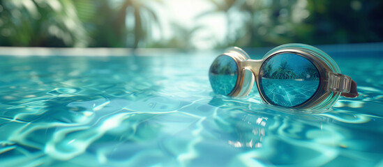 Swimming goggles lay in luxury exotic swimming pool water. Palm trees in the background and reflected in goggles. Blue and turquoise colors. Travel and tropical vacation mood banner