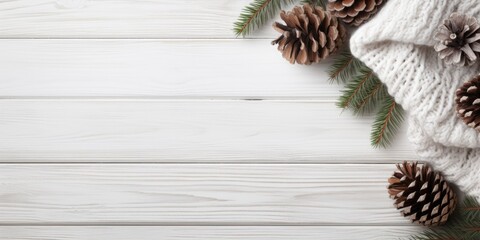 Christmas-themed arrangement featuring a knit blanket, pine cones, and fir branches on a white wooden surface. Bird's-eye view, blank area for text.