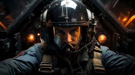 Fighter pilot inside the cockpit, wearing a helmet with advanced heads-up display technology