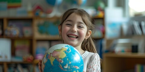 Joyful young girl holding a globe with enthusiasm in a classroom setting. candid portrait capturing the wonder of learning. AI