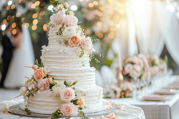 A wedding cake covered in whipped cream and decorated with flowers. - obrazy, fototapety, plakaty