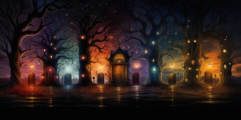 Fantasy enchanted fairy tale forest with magical opening secret doors and mystical shine light. Seven doors.