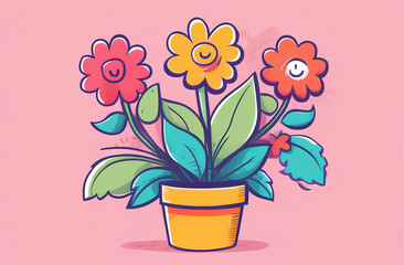 Smiling flower with cute daisy cartoon on peach background. Cartoon characters flowers in pot on white background. Gardening concept. Cartoon minimal style flowerpot for house