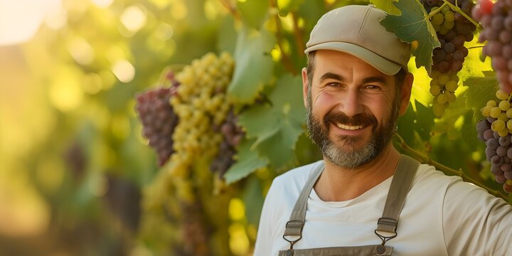 Happy vineyard worker smiling among grapevines, casual farmer portrait in golden sunlight. rural lifestyle captured in a moment of contentment. AI