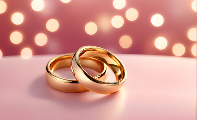 Two golden rings interlocking, against a soft-focus romantic backdrop of pastel pink and subtle white bokeh lights, ultra fine detail. Generative AI