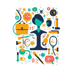 female symbol surrounded by diverse career icons like a briefcase, a paintbrush, and a stethoscope, on a white background