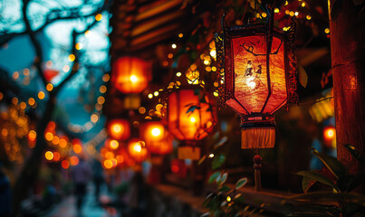 Fototapeta na wymiar Festive red lanterns hanging with glowing golden bokeh, celebrating traditional Chinese festival ambiance