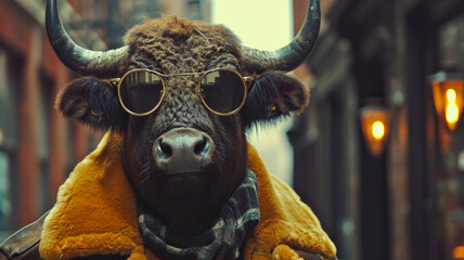 Chic buffalo roams city streets with regal flair, donned in tailored elegance that defines street style. The realistic urban setting captures the majestic fusion of wild charm and contemporary fashion - obrazy, fototapety, plakaty