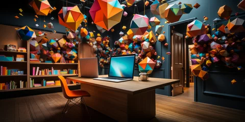 Fotobehang Vibrant and colorful educational workspace with floating geometric shapes, pencils, and lively confetti, depicting a creative learning environment © Bartek