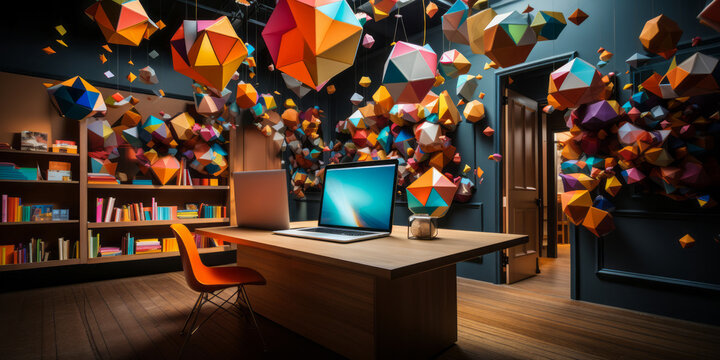 Vibrant and colorful educational workspace with floating geometric shapes, pencils, and lively confetti, depicting a creative learning environment