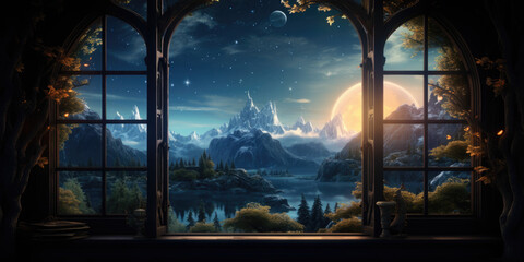 Magical fantasy fairy tale scenery, night in a forest. Windows view - obrazy, fototapety, plakaty