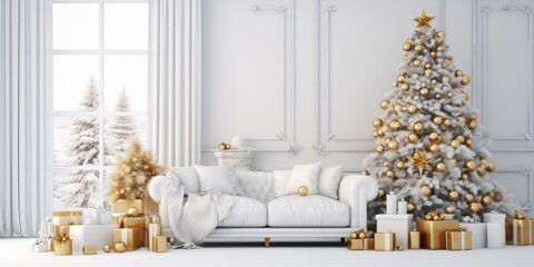 Modern Christmas interior with white and golden decor, including trees, presents, and balls.