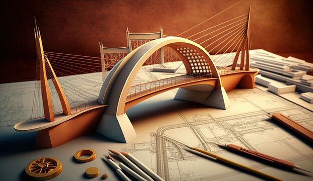vision of architecture of a 3d model bridge project with blueprint