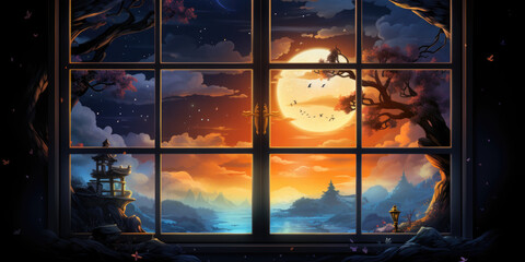 Magical fantasy fairy tale scenery, night in a forest. Windows view
