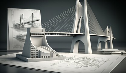vision of architecture of a 3d model bridge project with blueprint - obrazy, fototapety, plakaty