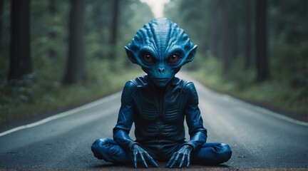 A blue alien in the middle of the road in the forest from Generative AI