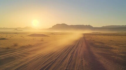 Fototapeta na wymiar Safaris, trips to Africa, extreme sports, or scientific research in a stony desert are all possible. Dawn over the Sahara desert, dusty mountains, hills, and remnants of an off-road vehicle.