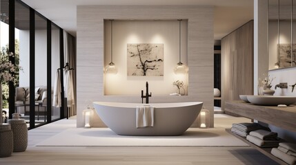 Fototapeta na wymiar Luxurious bathroom with spa-like elements, including a freestanding tub, elegant fixtures, and neutral tones for a calming home interior.