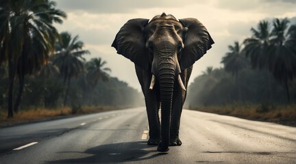 Fototapeta na wymiar An elephant in the middle of the road from Generative AI