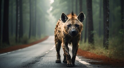 An hyena in the middle of the road from Generative AI - obrazy, fototapety, plakaty