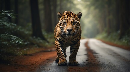 An jaguar in the middle of the road from Generative AI - obrazy, fototapety, plakaty