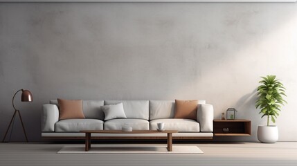 Fototapeta na wymiar Minimalistic living room with sleek furniture and ambient lighting, wall mock-up, 3D render.