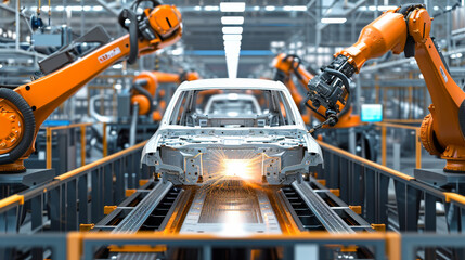 Automotive production technology concept, robotic automation automotive vehicle production factory without human working in production line manufacturing car body frame welding process.