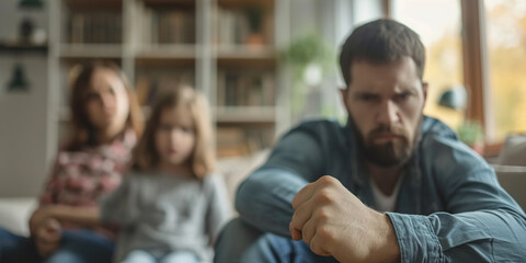 Man threatening kid daughter with his fist. Scared child sitting together on sofa couch in scare. Selective Focus on male hand. Child abuse anger and domestic violence concept. - obrazy, fototapety, plakaty