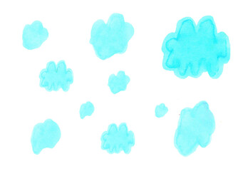 Blue watercolor clouds background. Hand painted watercolor clouds isolated on white. Blue sky cloud. Watercolor drawing. - 725266698