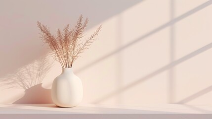 Shadows on the wall, a neutral pink, and a dried plant complete the minimalist interior design.