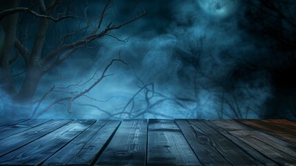 Scary Halloween background featuring dark tree limbs on bare wooden planks - obrazy, fototapety, plakaty