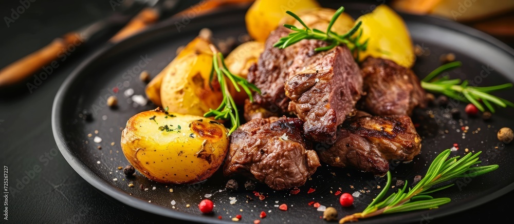 Poster potato accompanies fried meat on black plate.