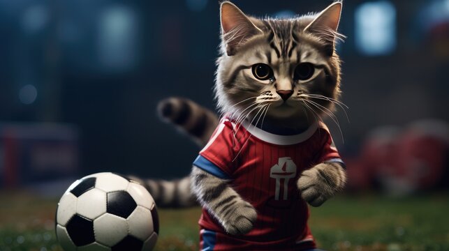 A football player cat in a jersey, holding a mini football.