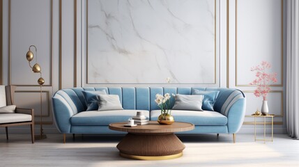 Realistic home interior mock-up featuring a 3D-rendered blue sofa, wooden table, and carefully chosen decor elements for an elegant living space.