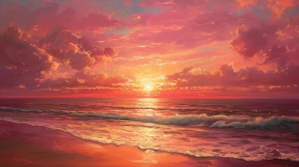 Illustration made from watercolor with the theme of a sunset on the beach with calm sea waves and beautiful clouds created using IA