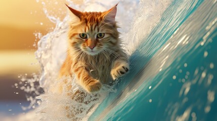 A surfer cat catching waves on a colorful surfboard.