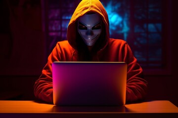 A masked and hooded hacker intently typing on a laptop, attempting to breach computer systems amid...