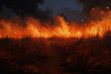 The controlled burn of dry grass creates a mesmerizing sea of flames against the stillness of the night.