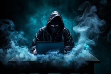 A masked and hooded hacker intently typing on a laptop, attempting to breach computer systems amid a dark backdrop of mysterious neon smoke. Generative AI. - obrazy, fototapety, plakaty