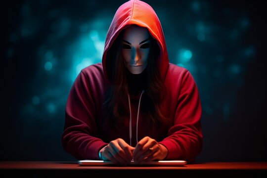 A masked and hooded hacker intently typing on a laptop, attempting to breach computer systems amid a dark backdrop of mysterious neon smoke. Generative AI.