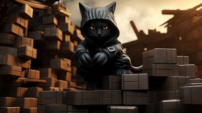 A ninja cat in a stealthy pose on a stack of building blocks.