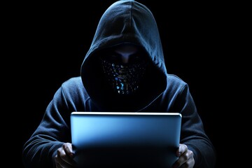 A masked and hooded hacker intently typing on a laptop, attempting to breach computer systems amid...