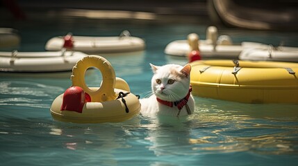 A lifeguard cat supervising toy boats in a pool. - obrazy, fototapety, plakaty
