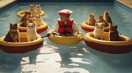 A lifeguard cat supervising toy boats in a pool. - obrazy, fototapety, plakaty