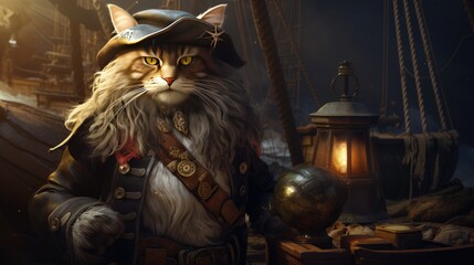 A pirate cat with an eyepatch, holding a tiny treasure map.