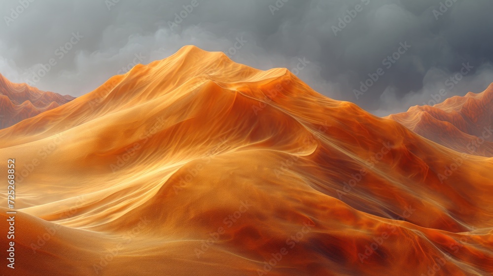 Poster a painting of a mountain range in the distance with a dark sky in the background and clouds in the f